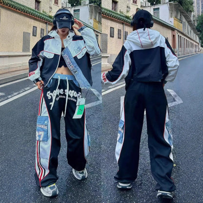 European Style Casual Pants for Women 2026 Spring Summer New Large Pocket Letter Print Embroidery Patchwork Denim Trousers Trendy