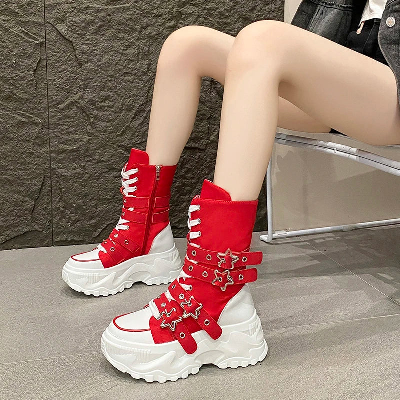 New Rock Platform Y2K Boots Women Summer 2026 Gothic Metal Star Belt Buckle Thick Sole Mid Calf Boots Woman Designer Punk Shoes