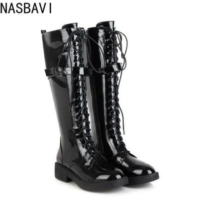 NASBAVI New Women's Long Boots Women Autumn Round Toe Flat Bottes Woman Knee High Low Heel Casual PU Leather Winter Female Shoes