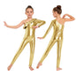 Kids Girls Metallic Shiny Ballet Dance Unitards Figure Skating Acrobatics Gymnastics Leotard One Shoulder Long Sleeve Jumpsuit