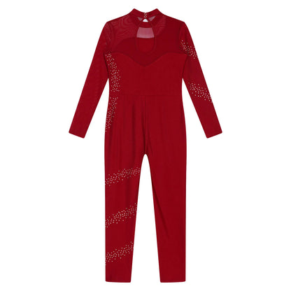 Kids Girls Ballet Dance Gymnastics Leotard Figure Skating Acrobatics Yoga Bodysuit Long Sleeve Shiny Rhinestone Mesh Jumpsuit
