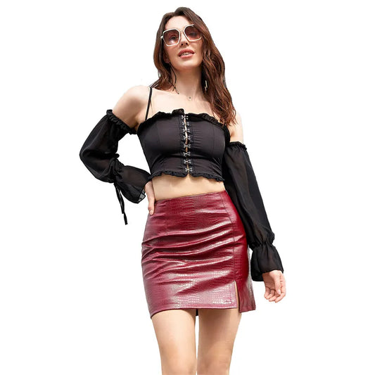 Women’s red crocodile print PU skirt