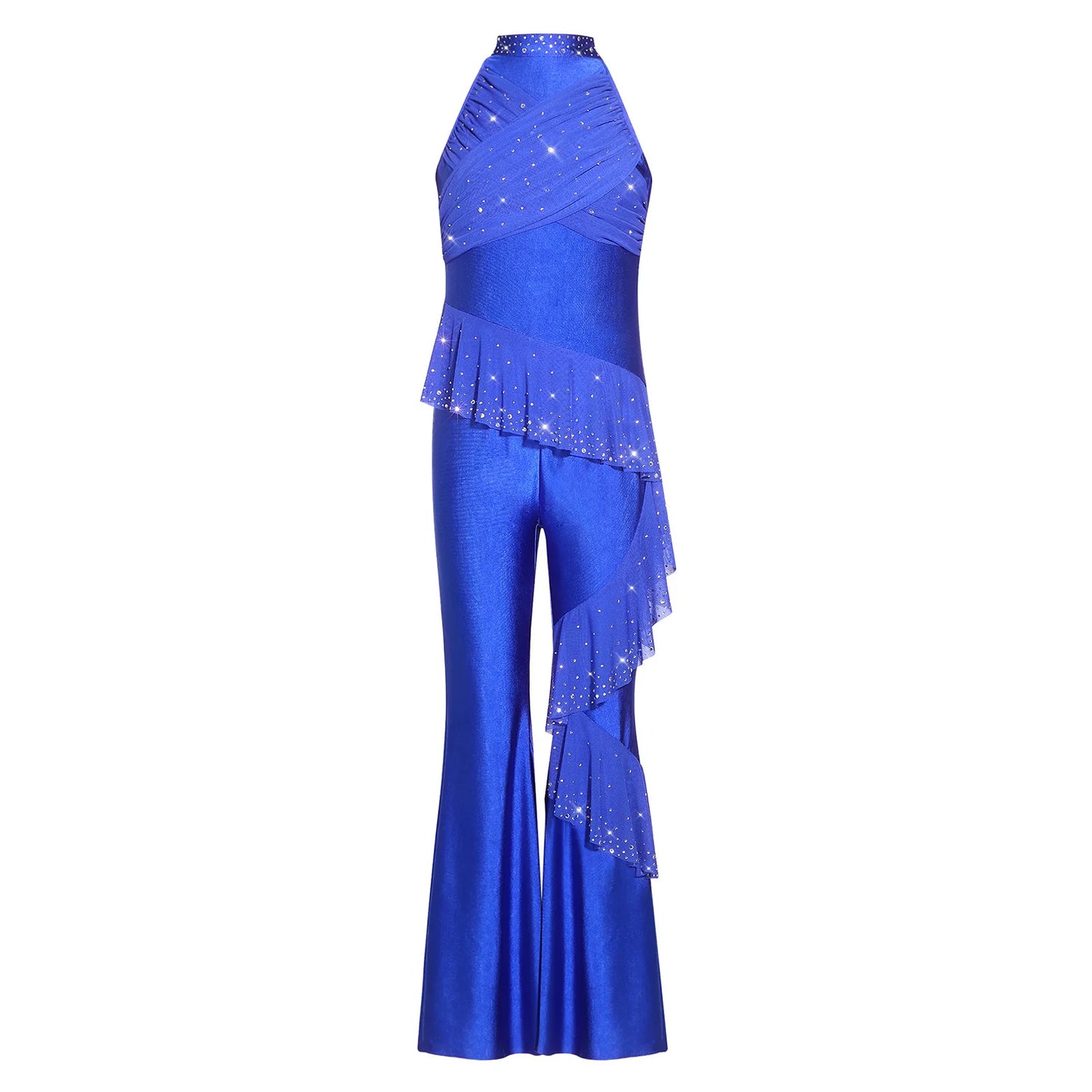 Kids Girls Figure Skating Jumpsuit Ballet Gymnastics Acrobatics Dance Leotard Sleeveless Shiny Rhinestones Ruffles Mesh Bodysuit