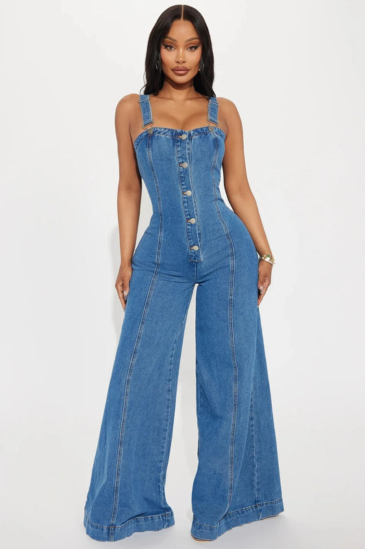 Summer Jeans Flare Pants Jumpsuit Sexy Women V-neck Elegant Denim Straight Romper Overalls