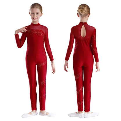 Kids Girls Ballet Dance Gymnastics Leotard Figure Skating Acrobatics Yoga Bodysuit Long Sleeve Shiny Rhinestone Mesh Jumpsuit