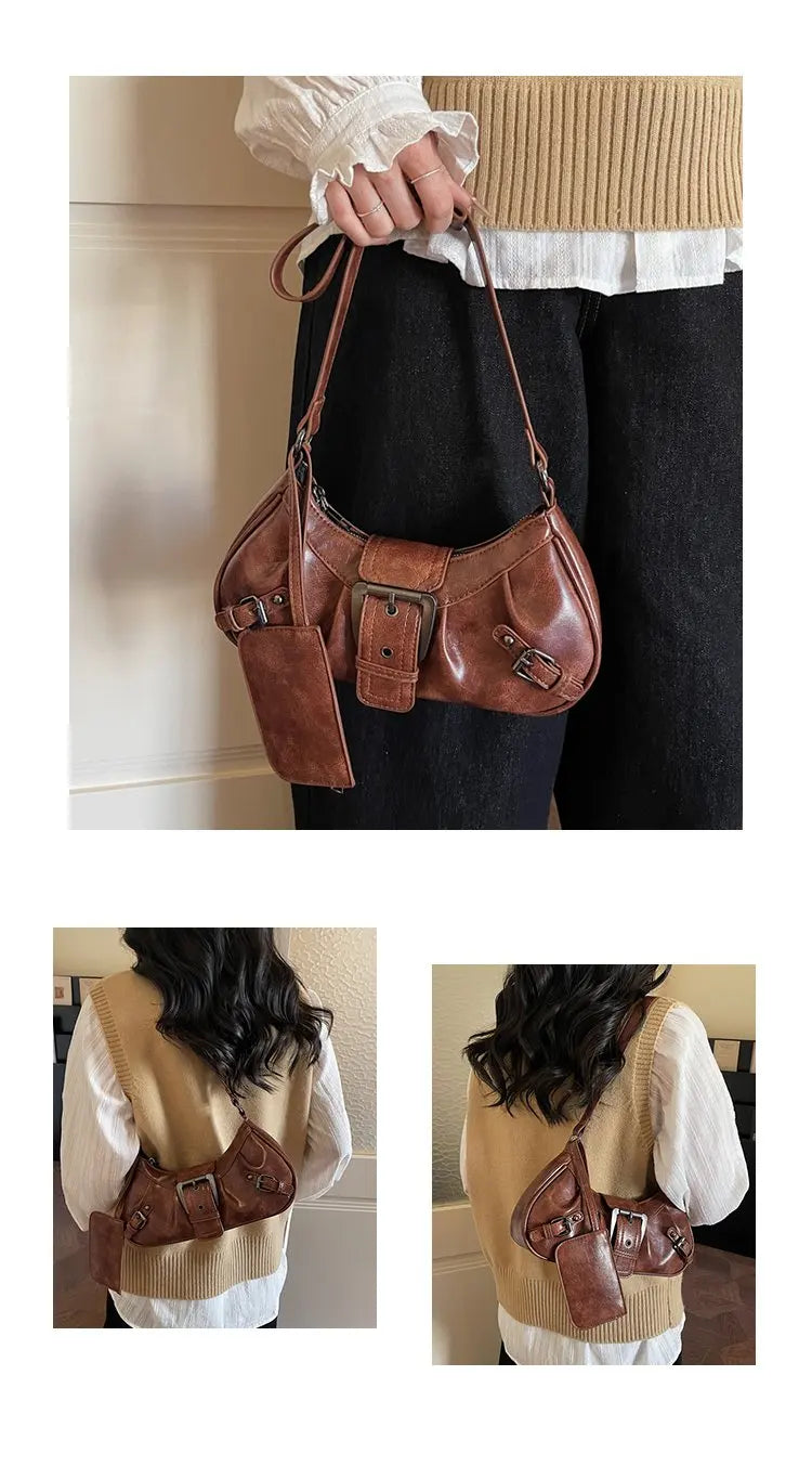 Shoulder Bags Y2K Retro Style Shoulder Bag, Maillard Pleated Rivet Armpit Bag, Fashionable Ladies Cool Leather Shoulder Bag