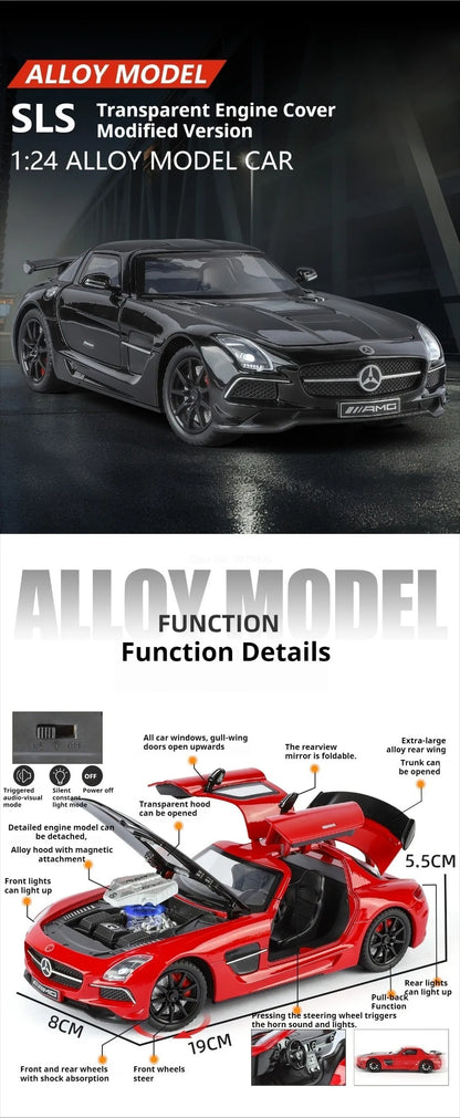 Benz SLS 1:24 Model Car Alloy Diecasting Wheel Steering Miniature Vehicles with Light Music Model Car Gifts