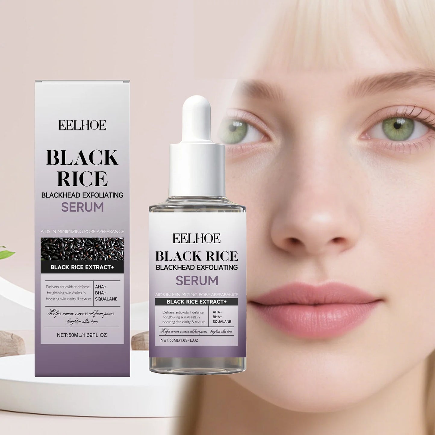 eelhoe Black Rice Exfoliating Serum Gentle Daily Facial Peel with Lactobionic Acid Squalane Hydrating Brightening Essence Glowing Skin