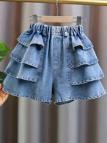 Girls Summer Pleated Frill Denim Shorts Fashionable Lightweight Beach Seaside Holiday Wear for Kids.Full elastic waistband