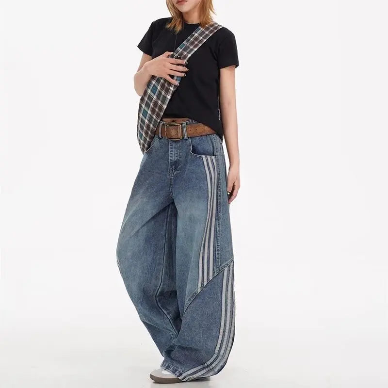 High Waist Loose Straight Leg Jeans American Stripe Splicing Unisex Spring Summer Autumn Winter Vintage Long Trousers