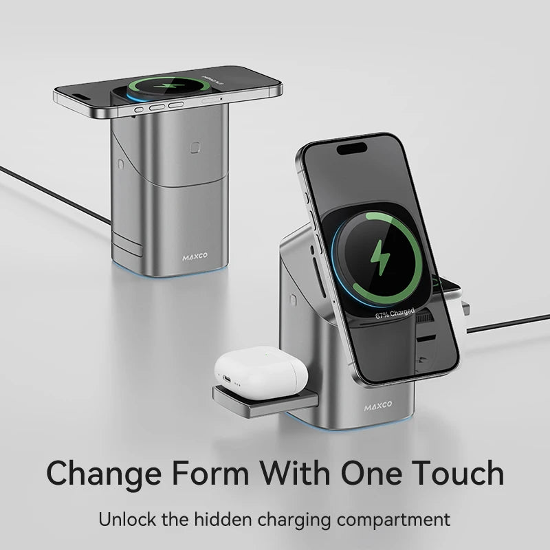 MAXCO Qi2 3-in-1 Wireless charger with Auto-Rotating Phone Dock compatible with MagSafe for iPhone Apple Watch Ultra 2 Airpods