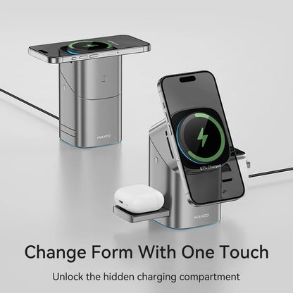 MAXCO Qi2 3-in-1 Wireless charger with Auto-Rotating Phone Dock compatible with MagSafe for iPhone Apple Watch Ultra 2 Airpods
