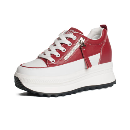 Fujin 7cm Genuine Leather Women Platform Shoes Wedge Sneakers Lace Up