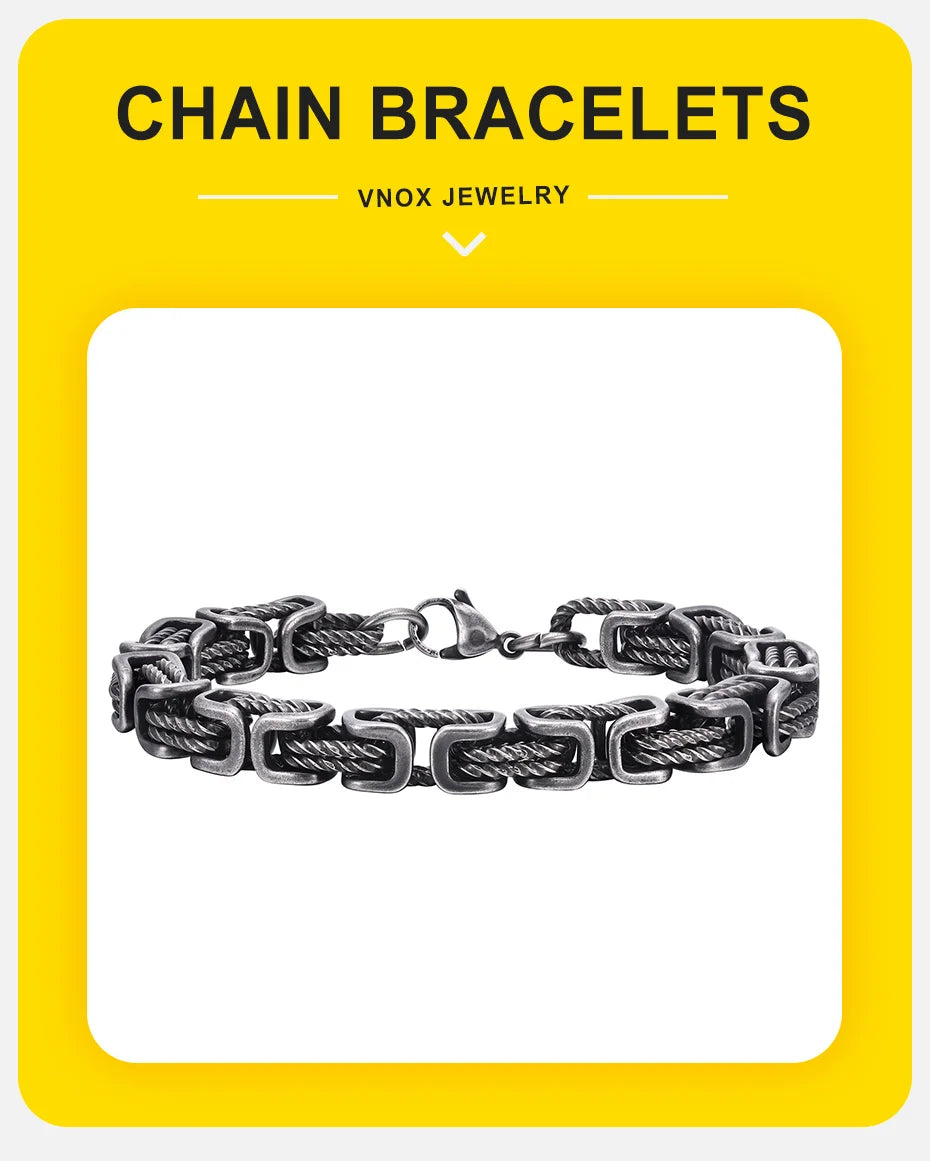 ‌Vnox Stainless Steel Byzantine Bracelet for Men, 8mm Wide Vintage Style Bold Square Links Chain Wristband, Father's Day Gift