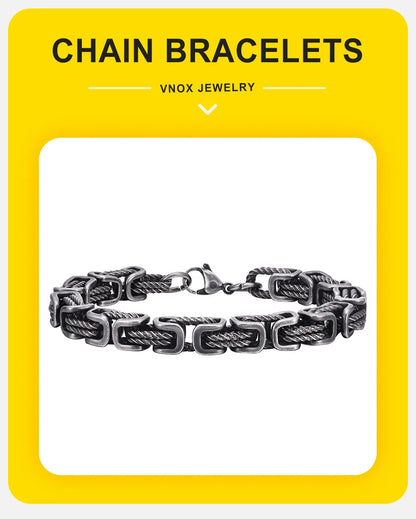 ‌Vnox Stainless Steel Byzantine Bracelet for Men, 8mm Wide Vintage Style Bold Square Links Chain Wristband, Father's Day Gift