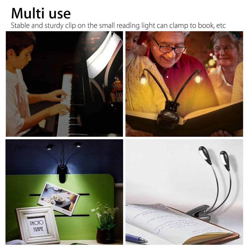 Music Stand Light, Clip on LED Book Lights, USB and AAA Battery Operated, Reading Lamp in Bed, 4 Brightness Levels, Ideal for Bo