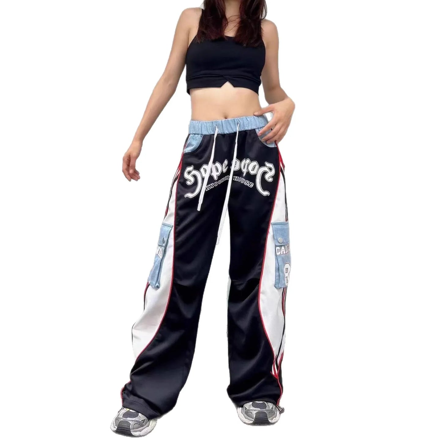 European Style Casual Pants for Women 2026 Spring Summer New Large Pocket Letter Print Embroidery Patchwork Denim Trousers Trendy