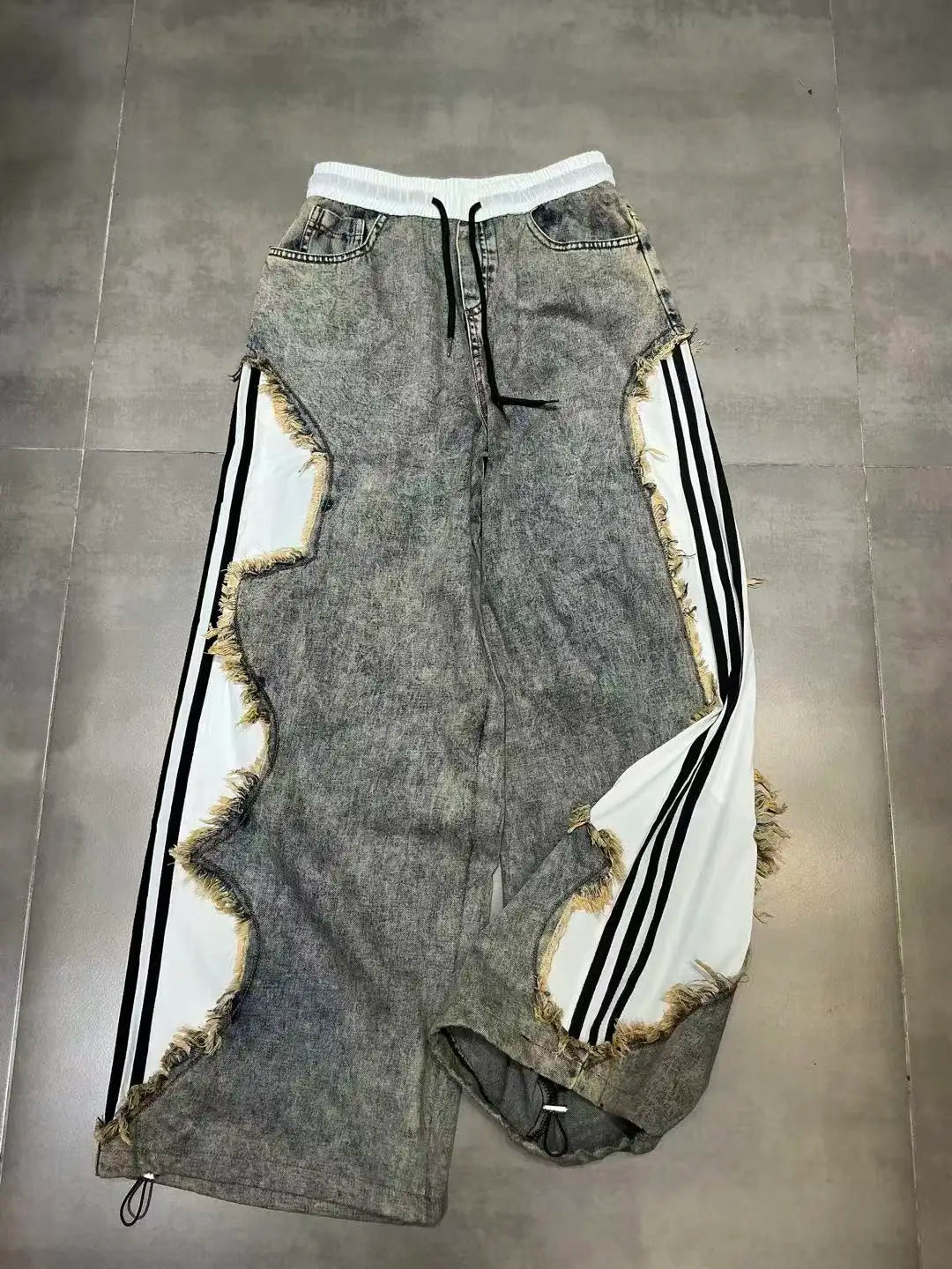 Trendy Drawstring Casual Women's Jeans Spring Summer New Style Side Color Block Striped Washed Grey Pants Natural Waist Denim