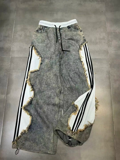 Trendy Drawstring Casual Women's Jeans Spring Summer New Style Side Color Block Striped Washed Grey Pants Natural Waist Denim