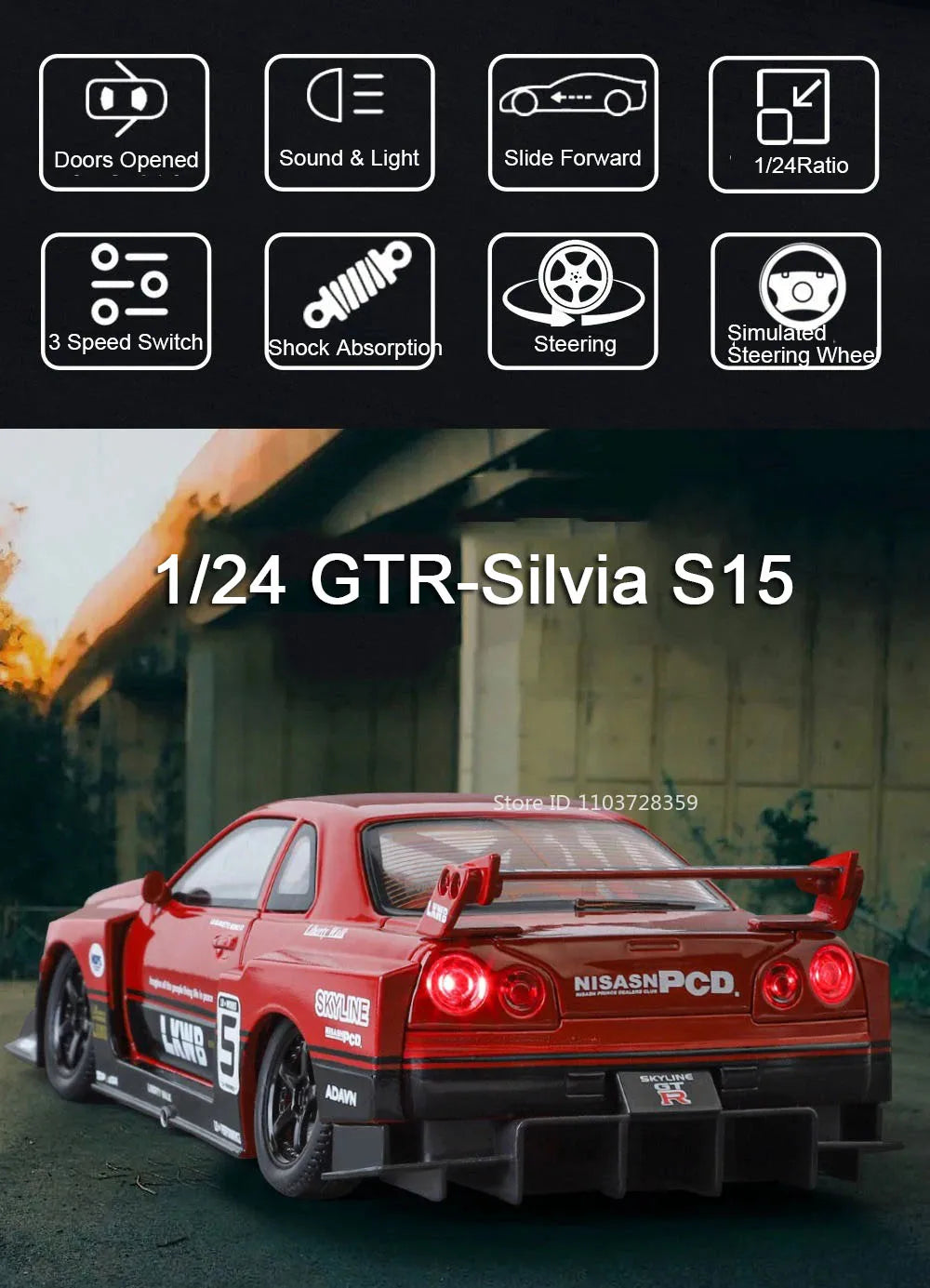 Bugatti Tourbillon, Nissan Skyline GTR, Model Sports 1:24 Car Alloy Diecast Sound Light Doors Opened Shock Absorption Ornament Supercar Toys Gift