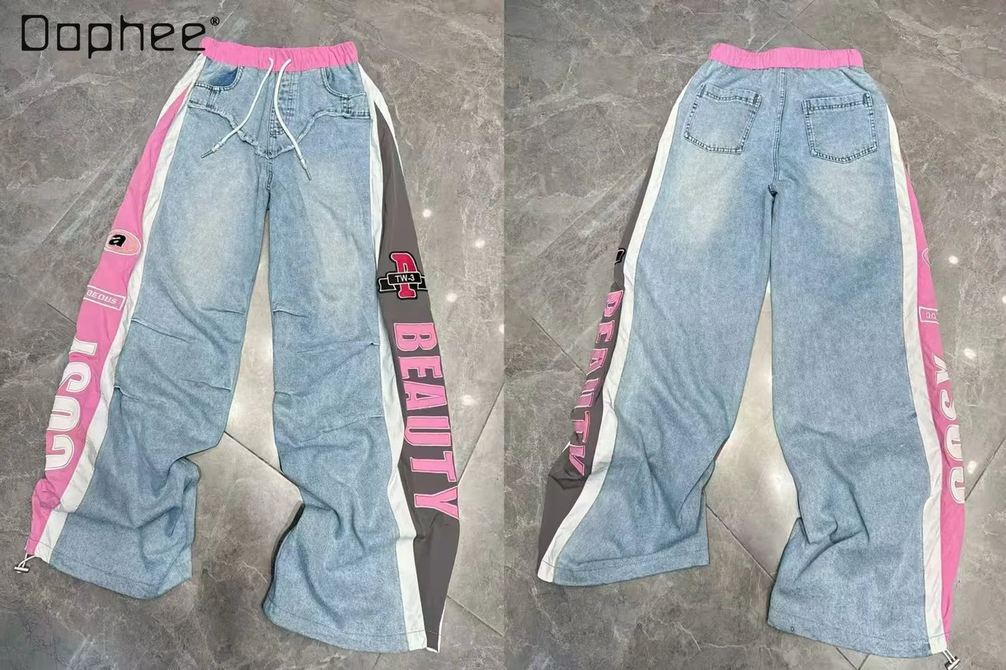 European Trend Suit Women 2026 Spring New Denim Splicing Letter Embroidered Long-sleeved Top Elastic Waist Trousers Casual Sets