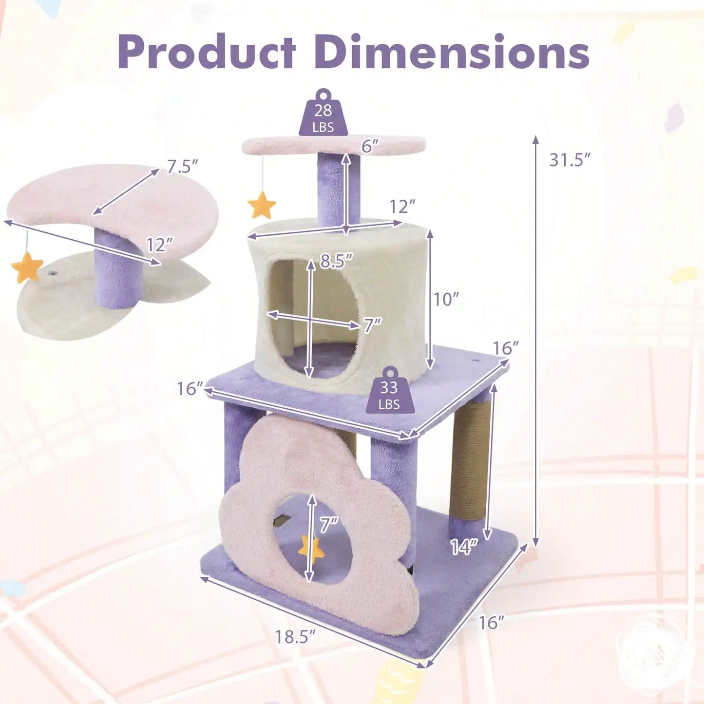 31.5" Cute Modern Cat Tree With Condo Top Perch Jute Scratching Posts Hanging Toy Blue/Purple