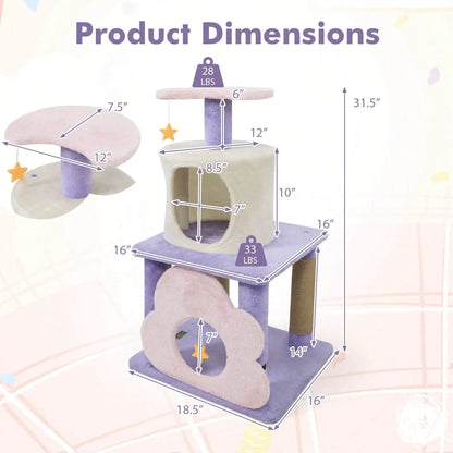 31.5" Cute Modern Cat Tree With Condo Top Perch Jute Scratching Posts Hanging Toy Blue/Purple