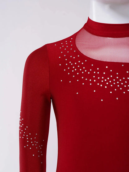 Kids Girls Ballet Dance Gymnastics Leotard Figure Skating Acrobatics Yoga Bodysuit Long Sleeve Shiny Rhinestone Mesh Jumpsuit