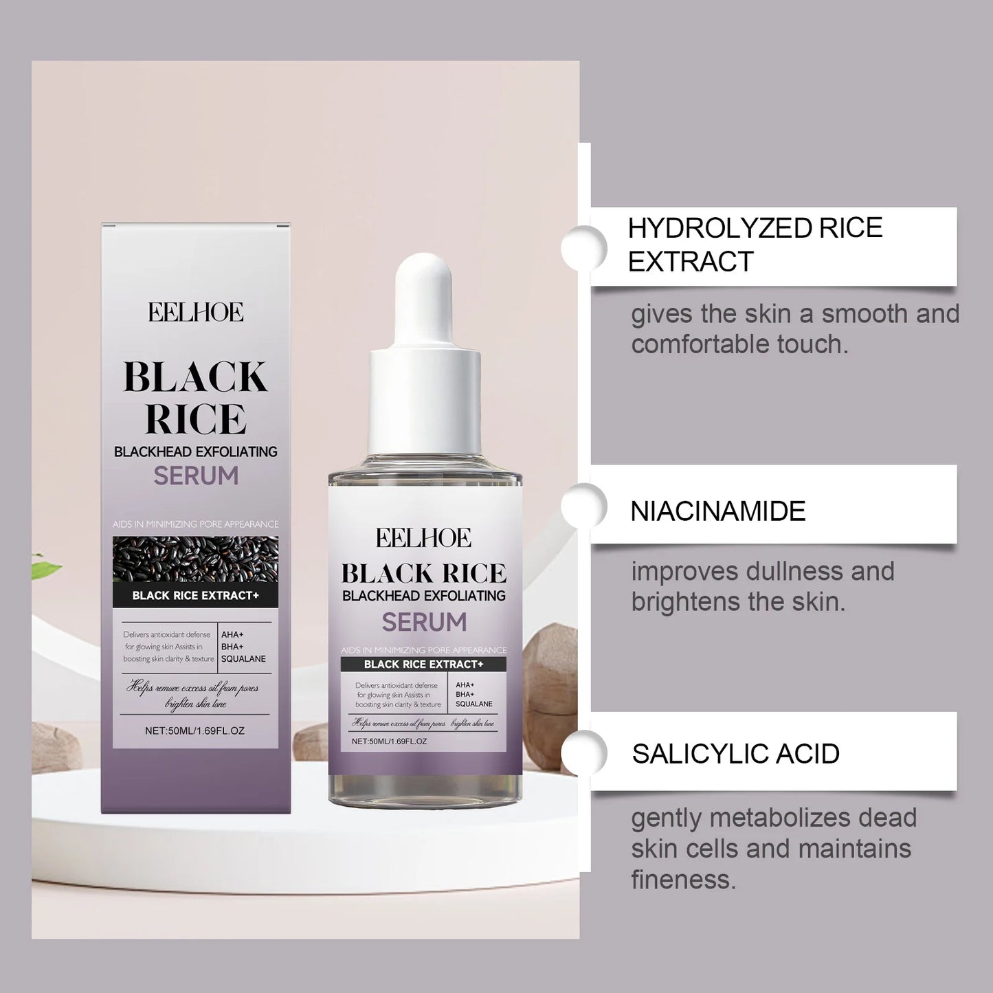 eelhoe Black & White Rice Exfoliating Serum Set BHA Niacinamide Pore Minimizing & Brightening Blackhead Whitehead Remover Skincare Set