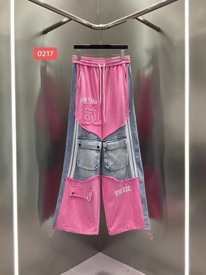European Casual Suit Women's 2026 Spring and Summer New Letter-printed Trousers Denim Splicing Ripped Short-sleeved Top