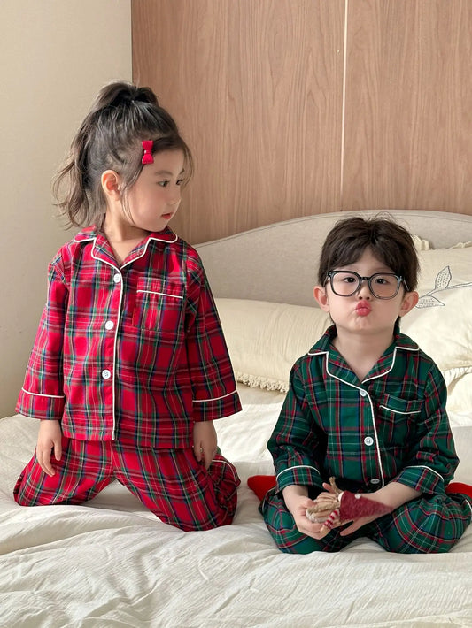 2025 New Christmas Children's Pajama Sets Plaid Print Clothing Set Button Full Sleeve 2 Pcs Suit Homewear Thin Pyjamas Xmas Look