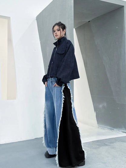 NYFS Europe United States Patchwork Loose plus Size Women's Jeans Elastic Waist Trousers Autumn Fashion Denim Wide-leg pants