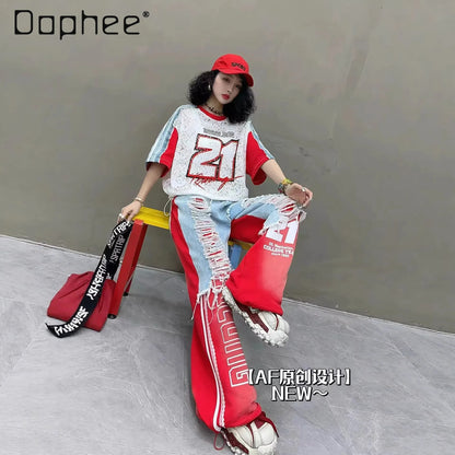 European Trend Suit Women's 2026 Summer New Printed Splicing Denim Ripped Loose Short-sleeved Straight Pants Tide