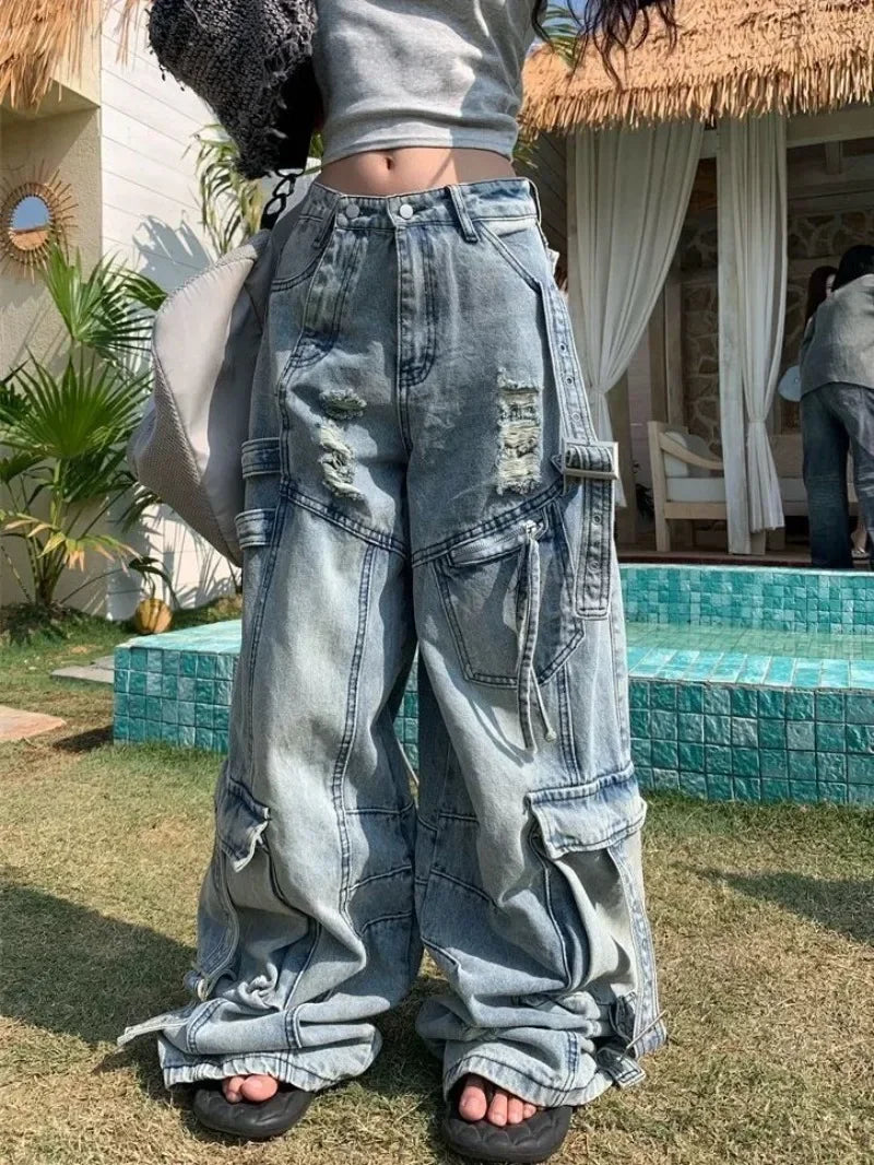 American New Fashion Vintage Washing Heavy Industry Multi-pocket Tooling Jeans Female Y2K Street Popular Baggy Drop Pants Tide