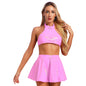 Women's Patent Leather Backless Sleeveless Halter Crop Tops with Invisible Zipper Flared Skirt Rave Party Pole Dance Clubwear