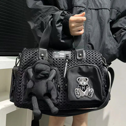 Ladies' fashionable mesh splicing casual handbag with multiple pockets, teddy bear doll, single shoulder diagonal cross bag