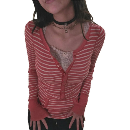 Y2K Grunge Emo 00s Vintage T Shirt Black Grey Striped V Neck Long Sleeve Jumper Tops Chic Women Autumn Retro Mall Goth Tees