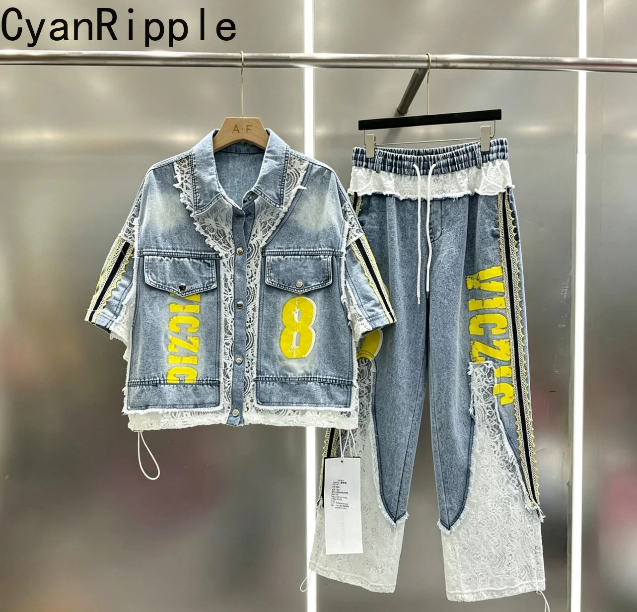 Trendy Summer Women Two-piece Set Colorblock Lace Splicing Denim Short Sleeve Shirt Top Elastic High Waist Wide Leg Casual Jeans