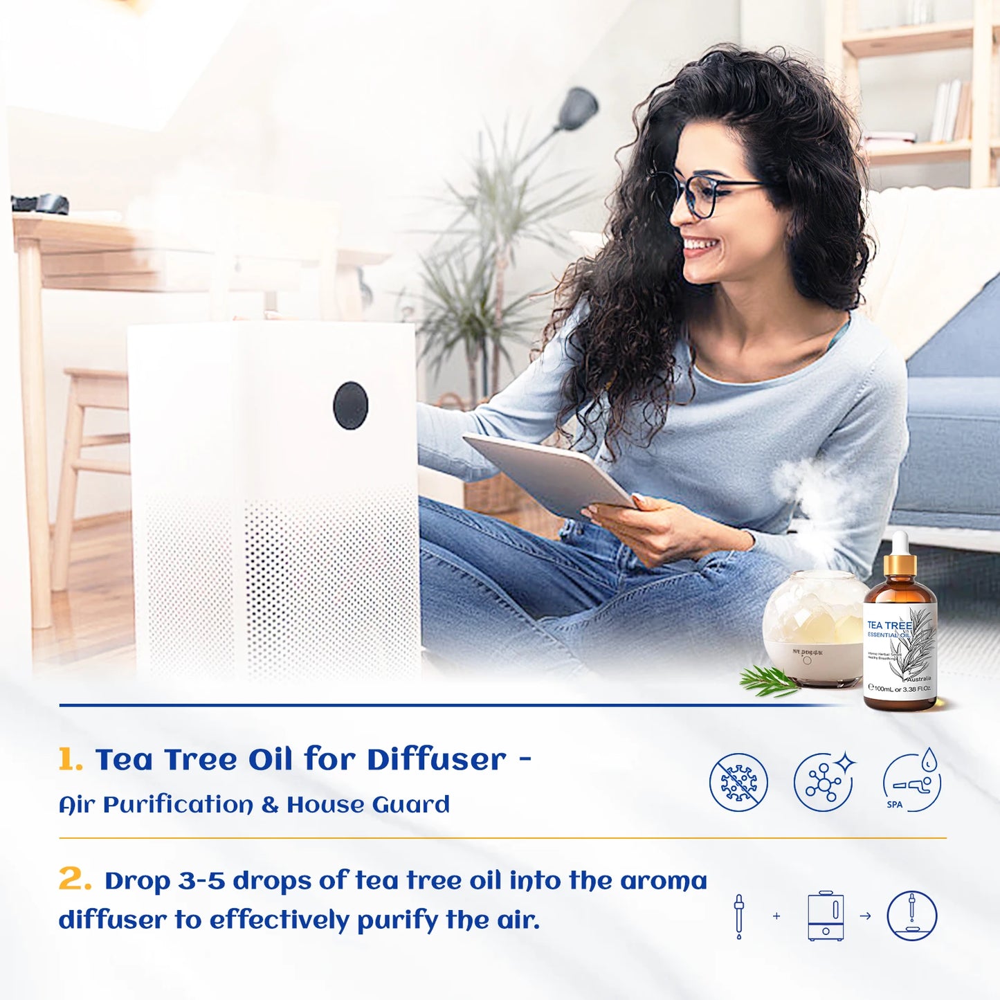 HIQILI 100% Tea Tree Essential Oil 100ml for Aromatherapy Massage DIY Beauty Skin Hair Relaxation Lavender Ginger Sandalwood