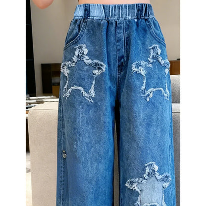 2026 Girls Comfortable Soft Fabric Wide-leg Pants, Casual Daily Versatile Style, Star Element Printed Imitation Denim Trousers