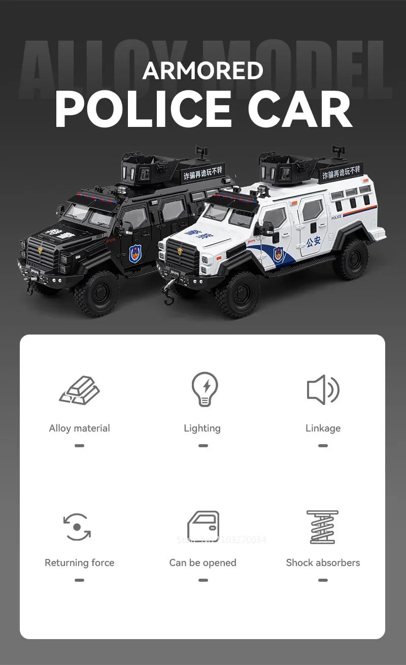 Swordtooth Tiger Police Car scale 1/24 Toy Model Alloy Diecast Explosion Proof Vehicles Door Opened Sound Light Pull Back Decoration Gift