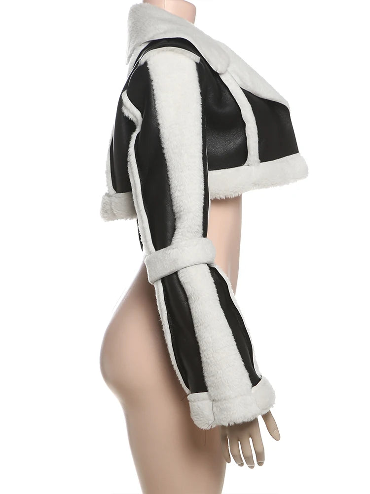 Weird Puss Furry Patchwork Women Crop Jacket Hipster Full Sleeve Open Stitch Hipster Streetwear Warm Outwear Basic Wild Coat