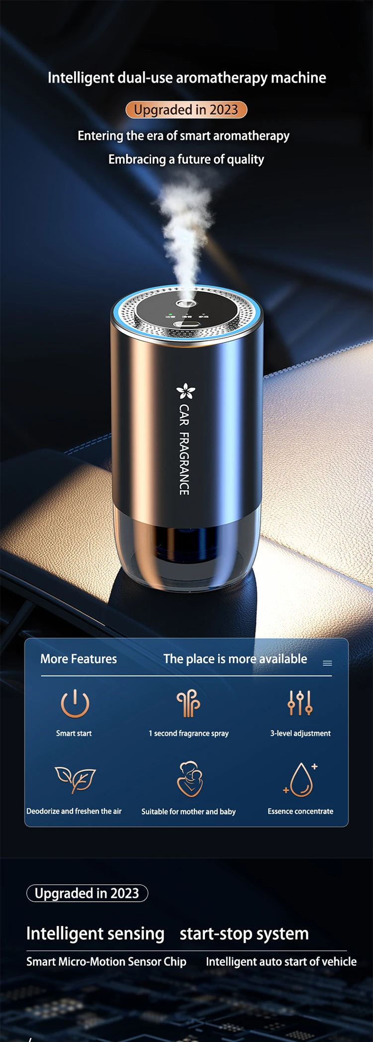 Smart Car Aromatherapy Machine Portable USB Rechargeable Cup Holder Diffuser Air Freshener Car Fragrancer Ambient Light Ornament