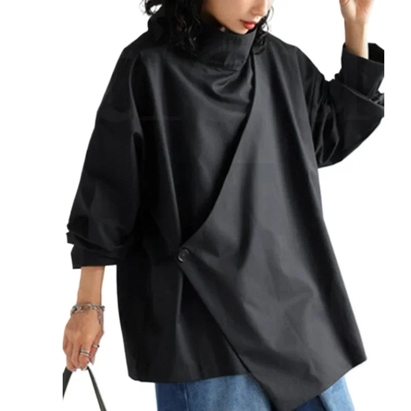 Gymystars 2026 New Black Long Sleeves Loose High Neck T-Shirts Tops Womens Spring Autumn Buttoned Casual Simpie Top