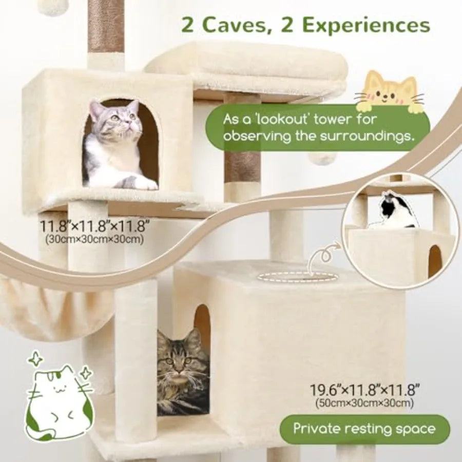 76-Inch Extra Tall Cat Tree Tower with Cozy Condos Hammock and Perches for Adult Cats Beige Multi-Level Furniture for Climbing