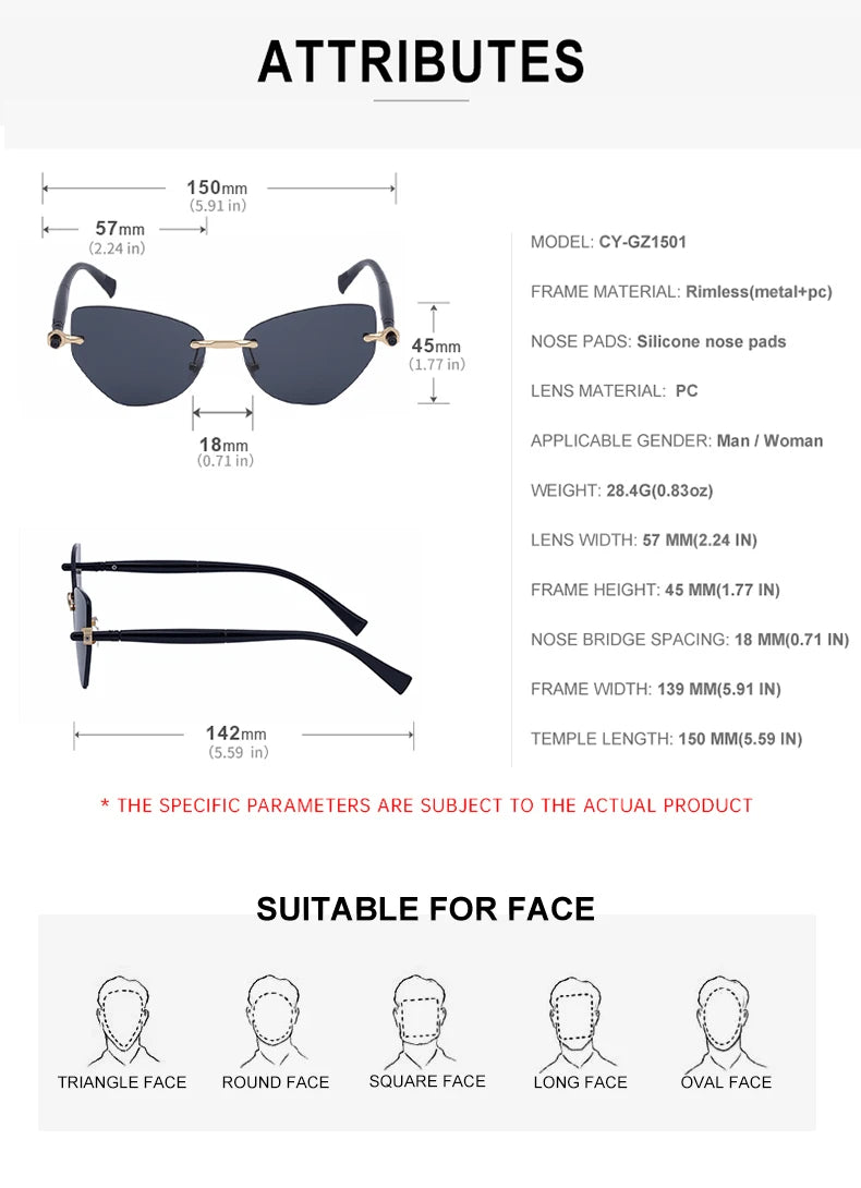 Sexy Cat Eye Punk Rimless Sunglasses Women Luxury Brand Retro Steampunk Polygon Sun Glasses For Ladies Fashion Shades UV400