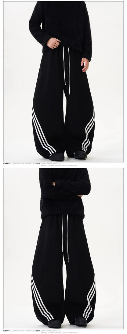 Oversized Wide Leg Sweatpants with Side Stripes Drawstring High Waist Streetwear Casual Loose Baggy Trousers Y2K Women Men Fashion