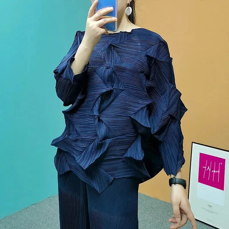 Diamond Pleated Top 8161 Artistic Raglan Sleeve Crew Neck T-Shirt  Spring Summer Fashionable Pleated Des