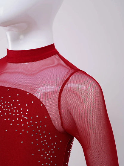 Kids Girls Ballet Dance Gymnastics Leotard Figure Skating Acrobatics Yoga Bodysuit Long Sleeve Shiny Rhinestone Mesh Jumpsuit