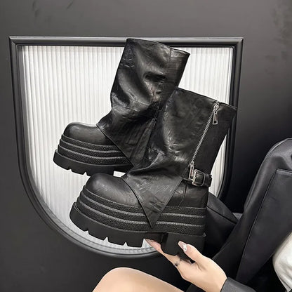 NEW Women's Leather Ankle Boots 10CM Heels Chunky Platform Combat Boots Non Slip Motorcycle Shoes Woman Punk Boots